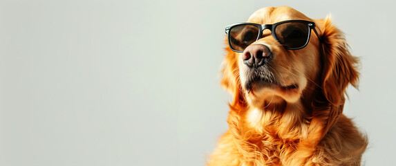 golden retriever dog wearing sunglasses with white ba