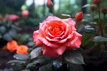 A coral-hued rose surrounded by delicate petals in a secluded garden