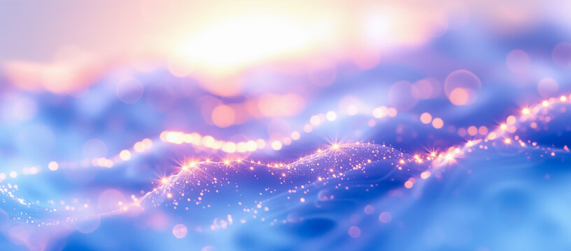 Abstract wavy light bokeh background with vibrant blue and purple hues, showcasing a dynamic play of lights creating a dreamy and ethereal atmosphere.