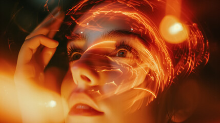 Close-up of a woman’s face illuminated by dynamic light trails, capturing the awe and wonder in her eyes amidst a dance of warm, ethereal lights. 