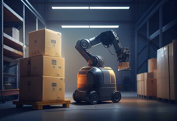 lifting robot working with transfering robot and working line with x-ray box in ware house or store house, logistic technology concept, 3d illustration rendering. Generative AI