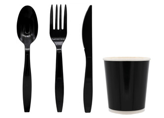 Black plastic spoon fork knife and cup on transparent background (PNG File)