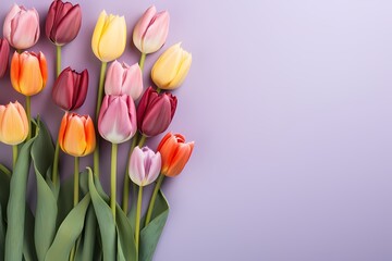 Overhead shot of tulips in various colors forming a captivating display on a soft lavender background, with generous space for text.