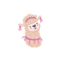Obraz premium Llama alpaca head with knitted tassel decorations, Lama animal cartoon vector isolated, cute funny curly fur beige wool animal