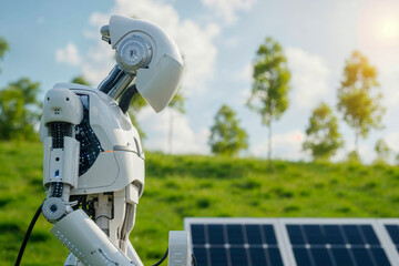 A solar-powered robot stands tall in a lush green field, its metallic body reflecting the vibrant blue sky above