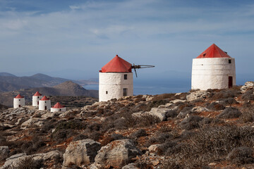 Mills at the hill (Amorgos, Cyclades, Greece) - obrazy, fototapety, plakaty