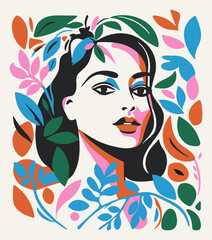 Colorful abstract woman portrait in 50s-60s art style. Beautiful female face with black hair in flowers and plants. Simple hand drawn shapes. Vector vertical banner with lady, girl