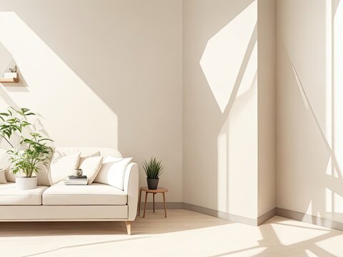 Contemporary beige interior featuring natural décor, geometric shadows, and sunlight. Mockup of an empty wall