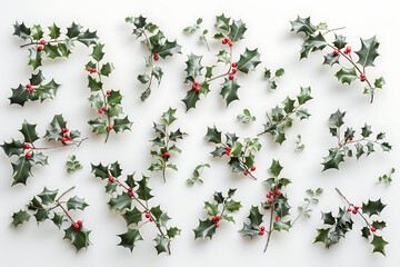 holly branches lays on the white background of the pi - obrazy, fototapety, plakaty