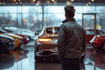 A man stands contemplating a selection of luxury cars in a spacious, well-lit car dealership showroom.