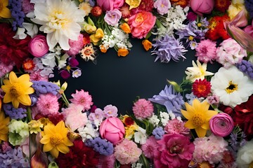 Overhead view of a mixed bouquet of spring flowers, creating a dynamic and vibrant space for your personalized text.