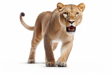 Obraz premium Lioness Charging on a White Background. Beautiful feline portrait.