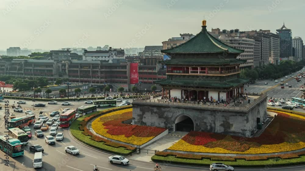 Wall mural Time lapse view of Bell Tower with traffic in Xian city