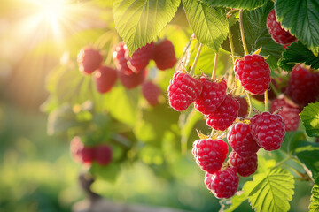 Bushes with organic ripe sweet raspberries in a summer orchard.