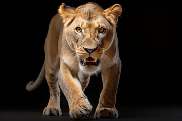 Obraz premium Lioness Charging on a Black Background. Beautiful feline portrait.