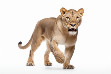 Obraz premium Lioness Charging on a White Background. Beautiful feline portrait.