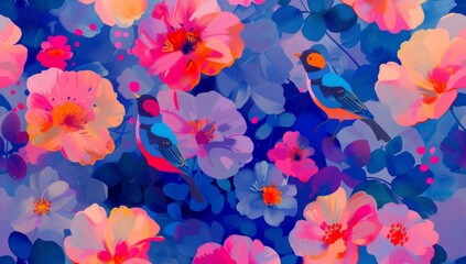 Fototapeta na wymiar a colorful flowers wallpaper with birds Generative AI