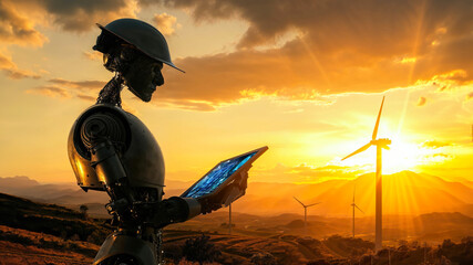 A futuristic android stands amidst the vast expanse of a sunset-lit sky, a tablet in hand, as it oversees the towering wind turbines, a symbol of harmony between man and nature