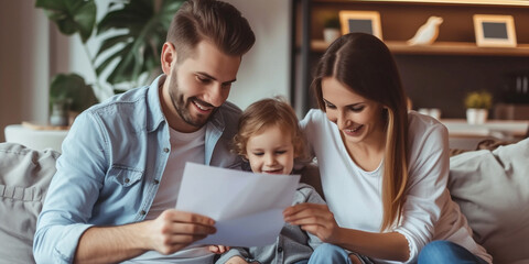 Happy family father mother kid reading important mortgage documents smiling on sofa coach. Document on purchase of real estate or loan agreement contract. Life financial changes concept