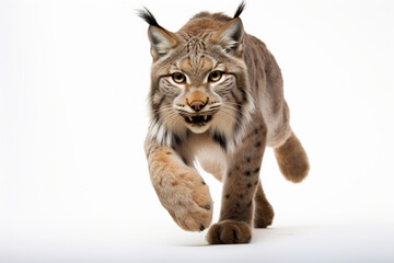 Naklejka premium Lynx Charging on a White Background. Beautiful feline portrait.