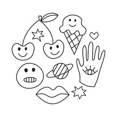 Groovy retro icons in circle.