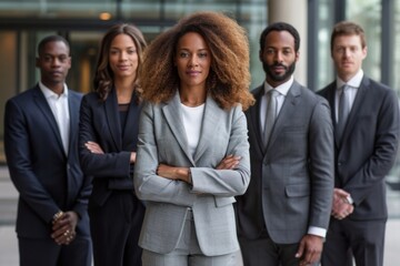 Portrait of confident business people standing with arms crossed in front of office building