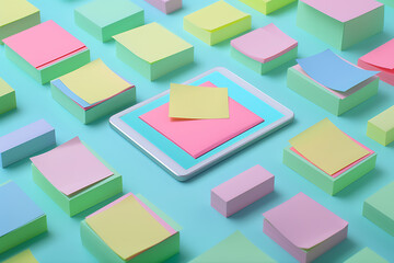 iPad with sticky notes on a blue surface in the style