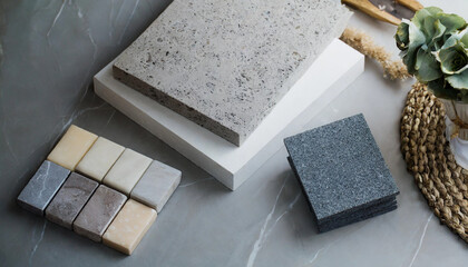 Interior design stone swatches, colour texture and material samples on the table with copy space