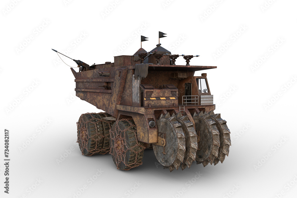 Poster large rusty fantasy post apocalyptic wasteland armored mining truck. isolated 3d render.