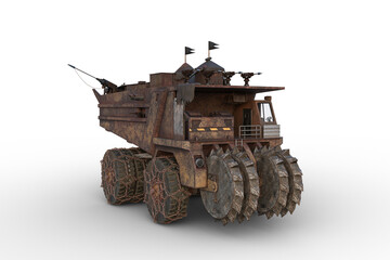Large rusty fantasy post apocalyptic wasteland armored mining truck. Isolated 3D render.