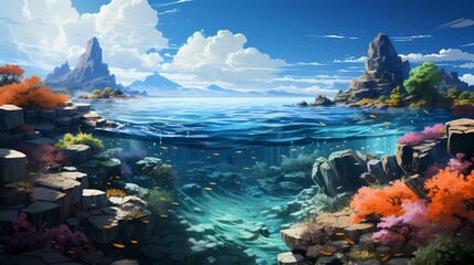 A panoramic view of a serene cobalt blue ocean, with a vibrant coral reef visible beneath the surface