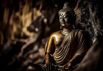 Zelfklevend Fotobehang The golden buddha statue at Wat Tham Seua (Tiger Cave Temple) Krabi, Thailand. Generative AI © Artur