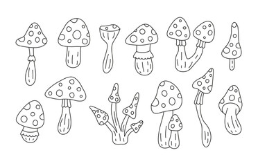 Set of doodle Amanita fly agaric mushrooms.