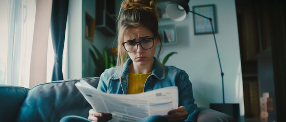 Concerned young woman examining documents, the stress of paperwork in daily life - obrazy, fototapety, plakaty