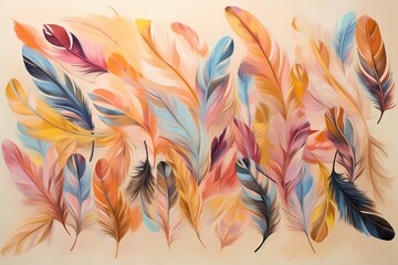 Playful assortment of colorful feathers forming a vibrant composition on a light peach background, invoking a sense of lightness and freedom.