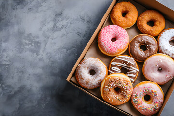 doughnuts, donunts, with icing sugar. Box of donut, copy space, minimalistic. Chocolate, glazed with sprinkles. Pink and caramel, dessert or pastry, junk or fast food - obrazy, fototapety, plakaty