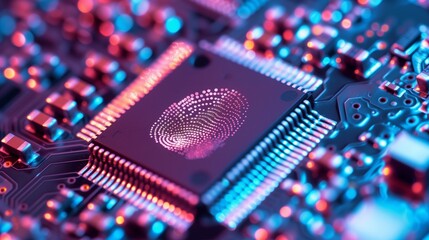 Microchip integrated with a unique fingerprint pattern, symbolizing advanced biometric identification technology for secure access and authentication. - obrazy, fototapety, plakaty