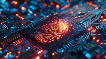 Microchip integrated with a unique fingerprint pattern, symbolizing advanced biometric identification technology for secure access and authentication.