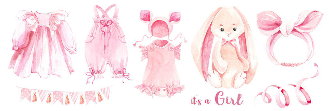 Watercolor hand painted newborn girl pink set. It's a girl, baby girl shower clipart. 1st birthday, Cute bunny, pink balloons, ribbons, for baby shower, textile, nursery decor, children decoration