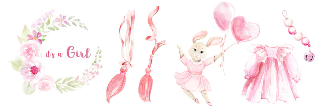 Watercolor hand painted newborn girl pink set. It's a girl, baby girl shower clipart. 1st birthday, Cute bunny, pink balloons, ribbons, for baby shower, textile, nursery decor, children decoration