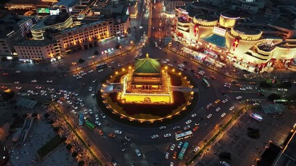 Aerial drone view of Bell Tower and street of commercial district in Xian