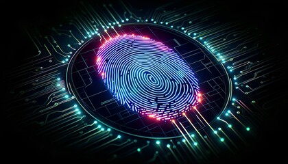 Microchip integrated with a unique fingerprint pattern, symbolizing advanced biometric identification technology for secure access and authentication.