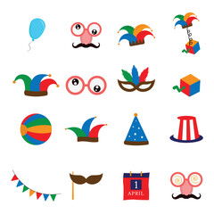 Set of flat april fools day icons white background