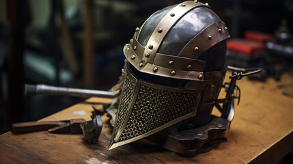 Medieval Bascinet Helm with Lift-able Face Mask - obrazy, fototapety, plakaty