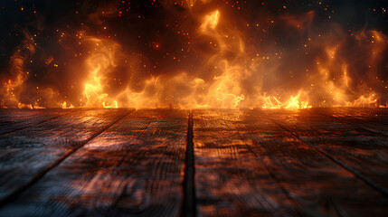 empty wooden table with flame blurry background