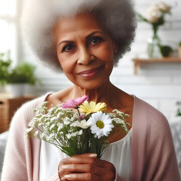 Elderly Woman With Flowers. Grandma With Flowers