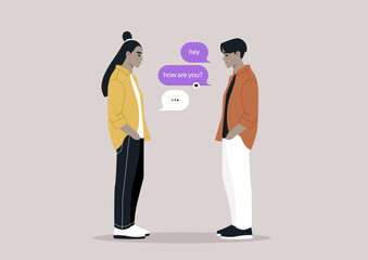 The image captures a modern interaction of two friends exchanging greetings through text bubbles, showcasing the blend of digital communication with face-to-face encounter