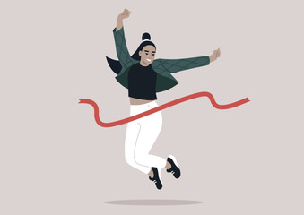 Fototapeta na wymiar An animated character with a joyful expression crosses the finish line with arms raised in a victorious leap, embodying the ecstasy of success