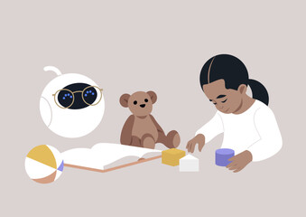 A young child engages in peaceful play with a variety of toys, including a robot, a teddy bear, and building blocks, suggesting a moment of innocent enjoyment and creativity