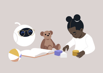 A young child engages in peaceful play with a variety of toys, including a robot, a teddy bear, and building blocks, suggesting a moment of innocent enjoyment and creativity